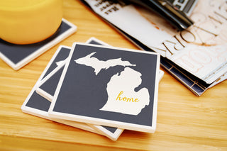Lantern Press - Michigan - Home State White on Gray Ceramic Coaster