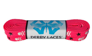Derby Laces - Hot Pink - White Skulls And Black Stars - 108 Inch (274 Cm) Derby Laces Waxed Roller Derby Skate Lace