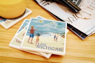 Lantern Press - Lake Michigan - Children Flying Kites Ceramic Coaster